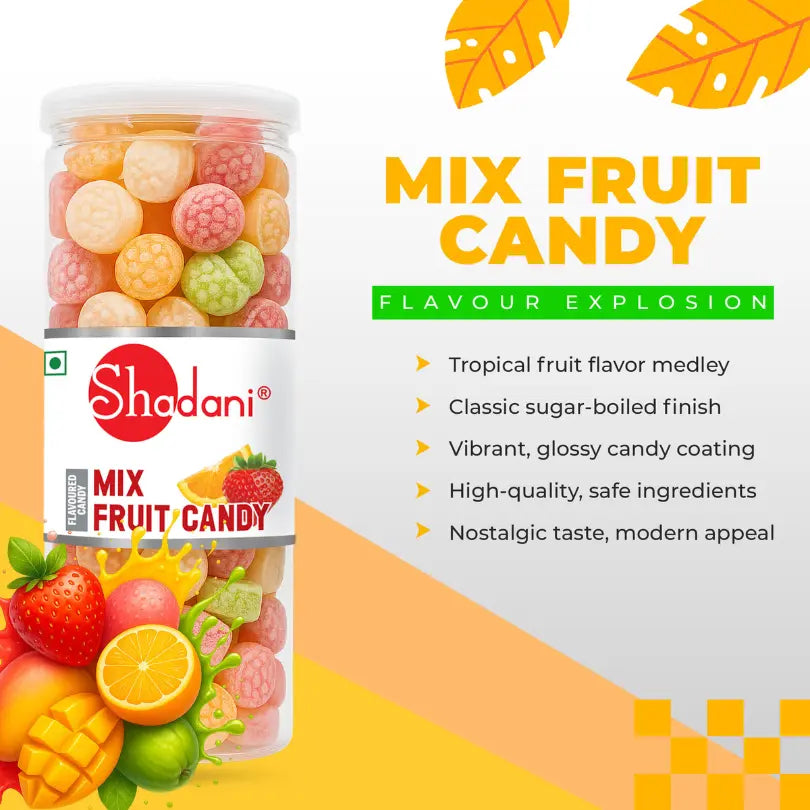 Shadani Mix Fruit Candy packaging with colorful candy and tropical fruit graphics on a vibrant background.