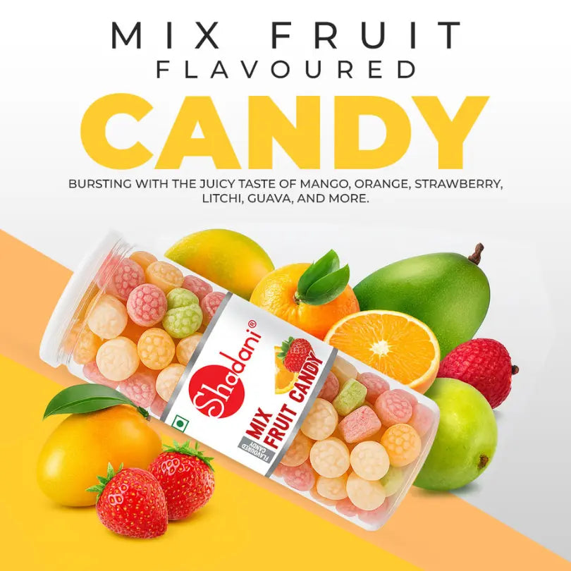 Shadani mix fruit flavored candy packaging with fruits on a colorful background