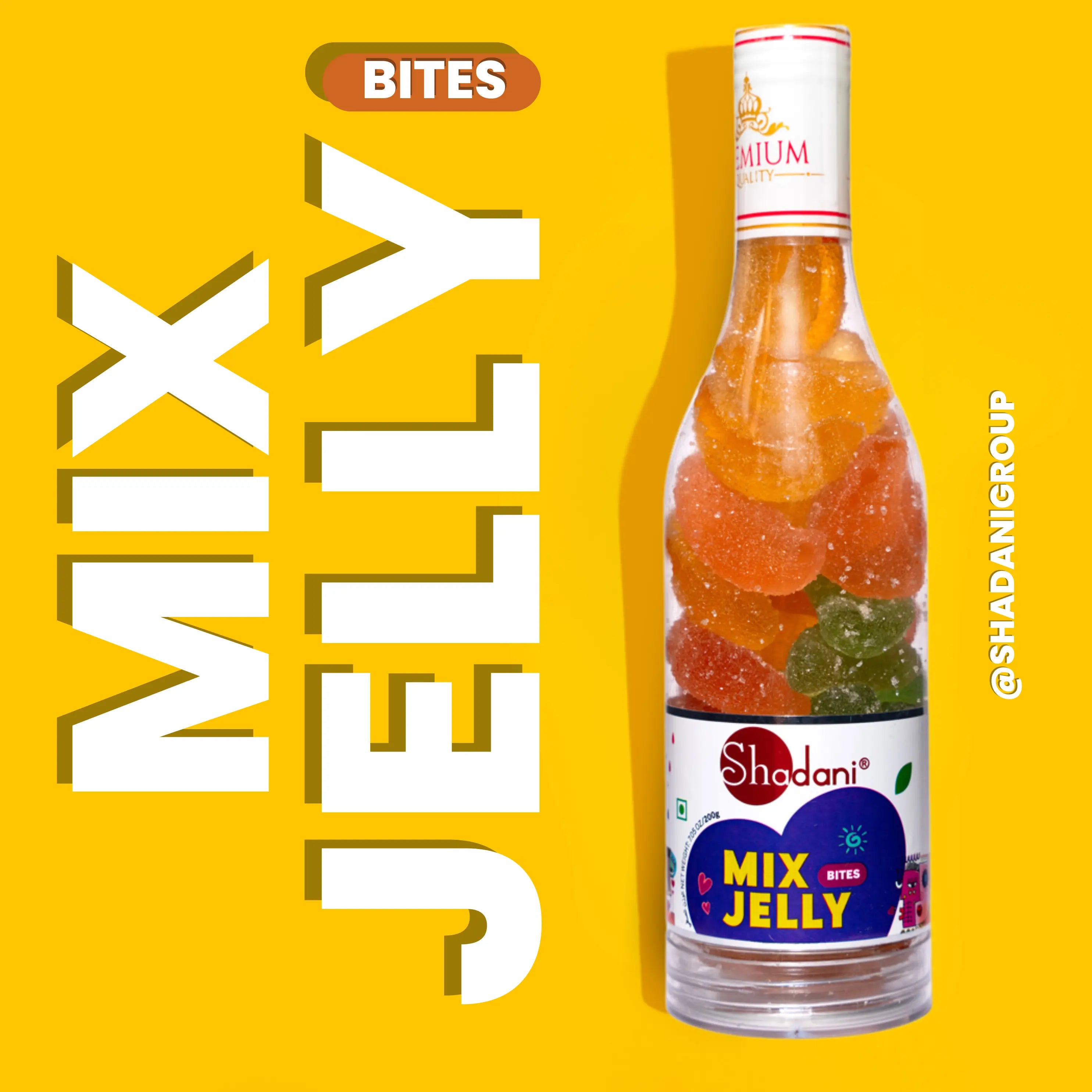 Bottle of Shadani Mix Jelly Bites on a yellow background
