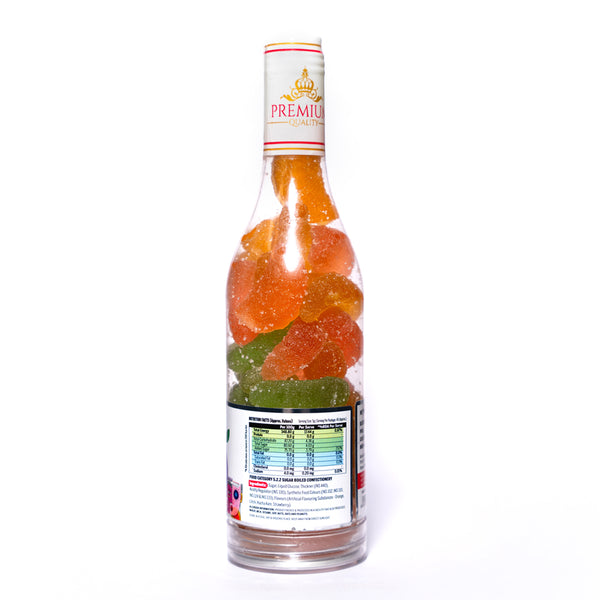 Bottle of gummy bears with a visible label on a white background