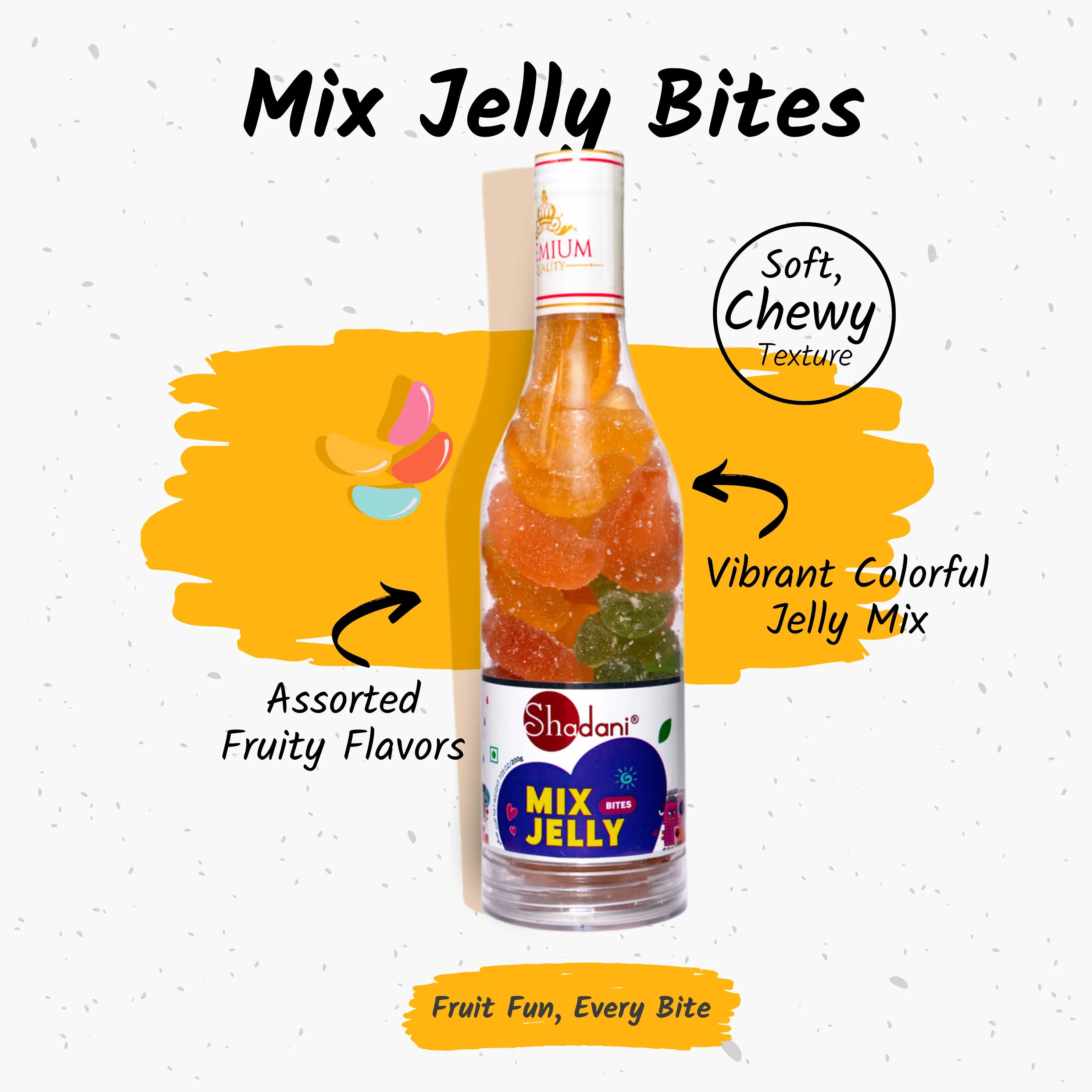 Bottle of Shadani Mix Jelly Bites with colorful jelly mix on a white background