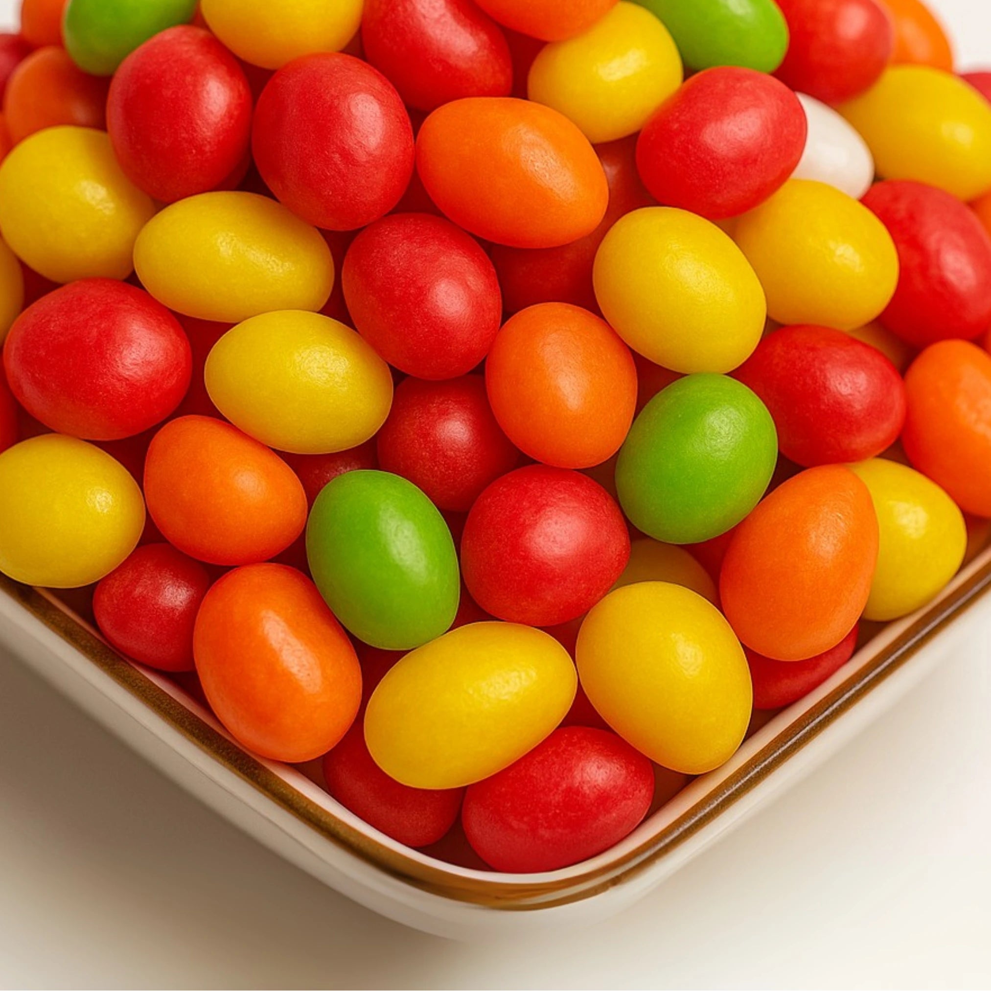 Assorted colorful Shadani NiniPop beans in a bowl on a light background