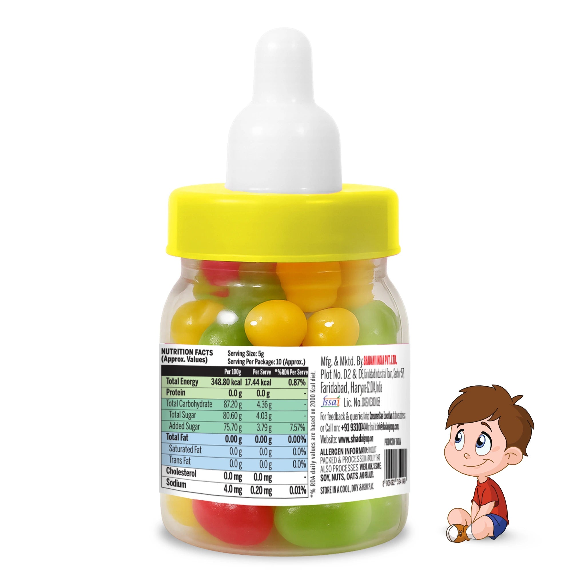 Bottle of NiniPop colorful gummy bears with a cartoon character on a white background