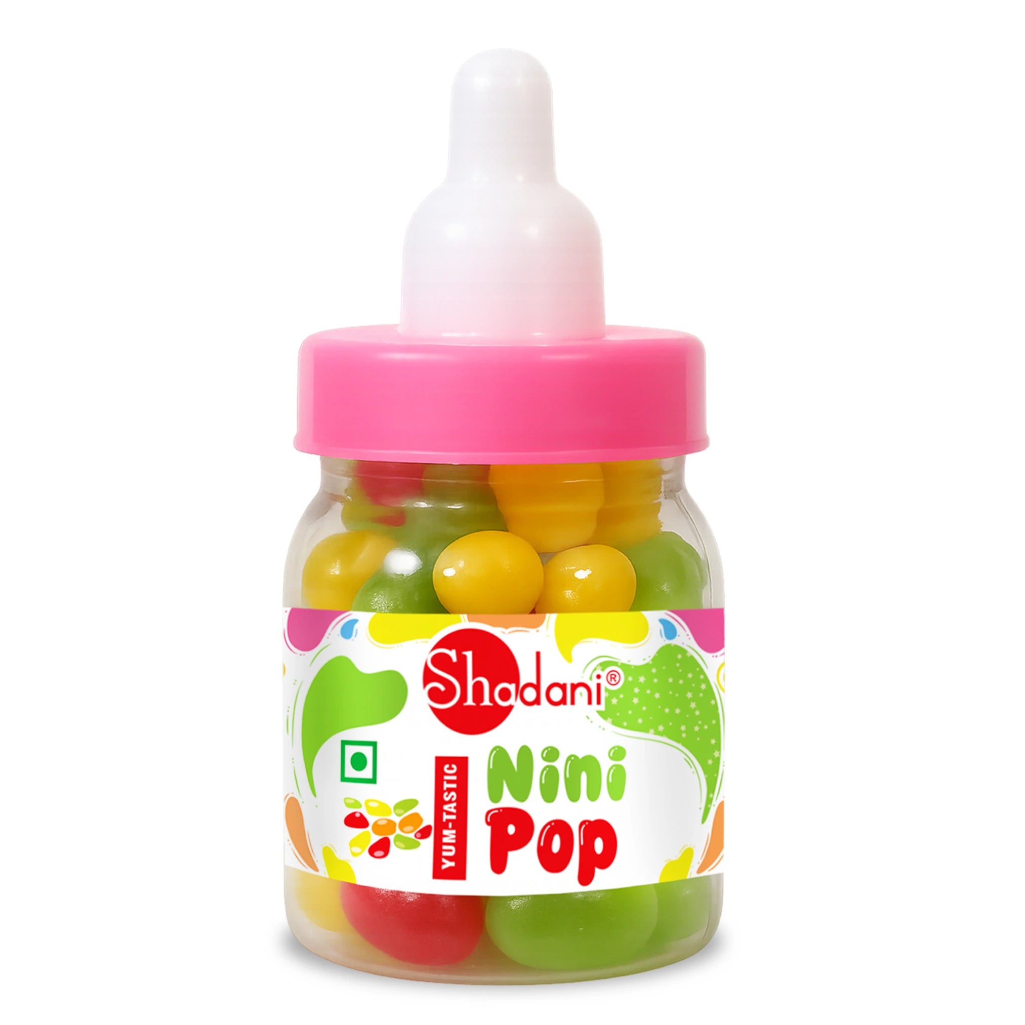 NiniPop Jar of colorful gummy candies with a pink lid on a white background, branded as Shadani Nini Pop.