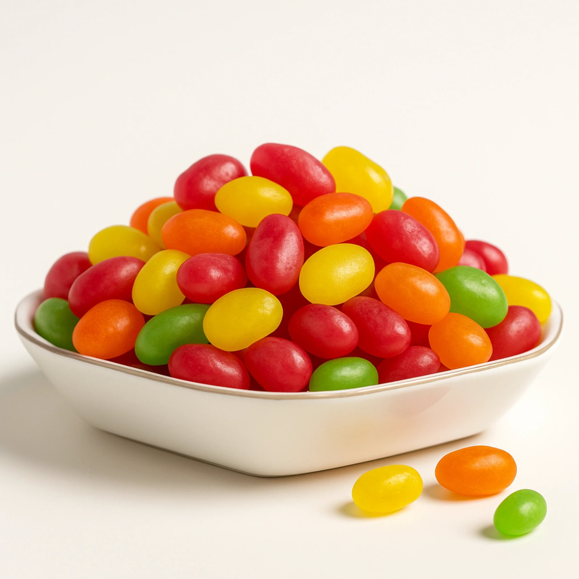 Shadani nini pop Colorful jelly beans in a white bowl on a light background