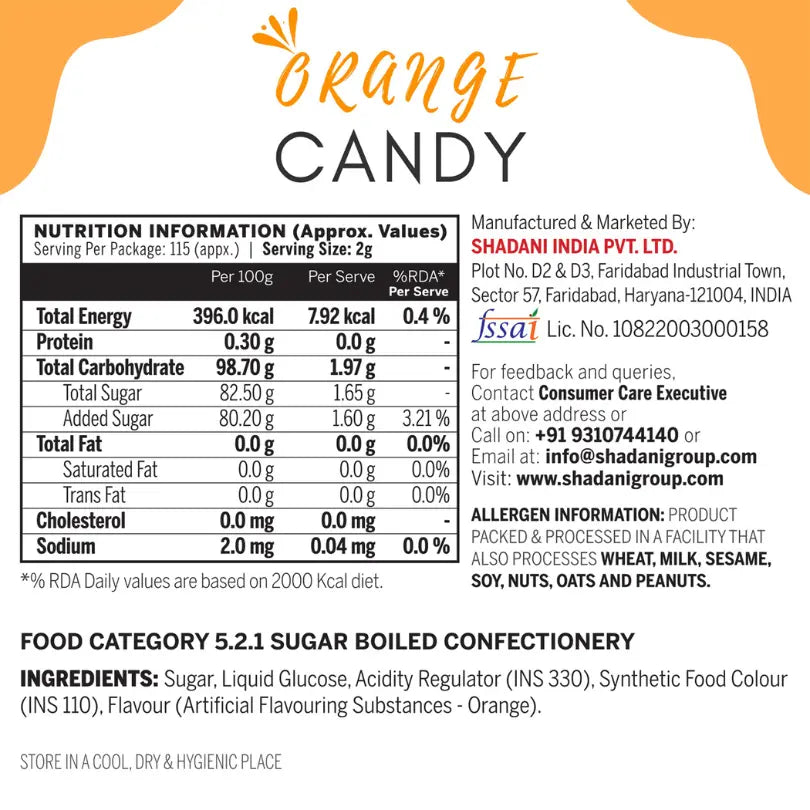 Nutrition label for orange candy with Shadani India Pvt. Ltd. branding.