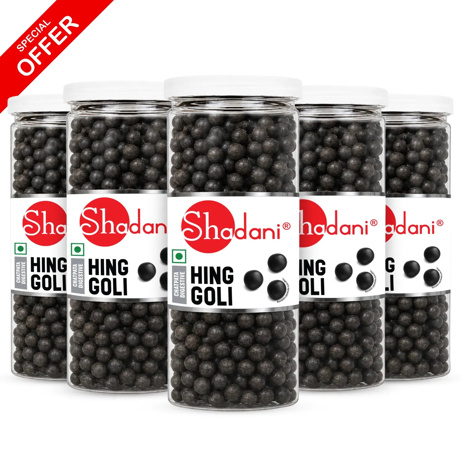 Six clear plastic jars of Shadani Hing Goli black pepper capsules arranged in a row on a white background, with a red 'SPECIAL OFFER' banner in the top-left corner.