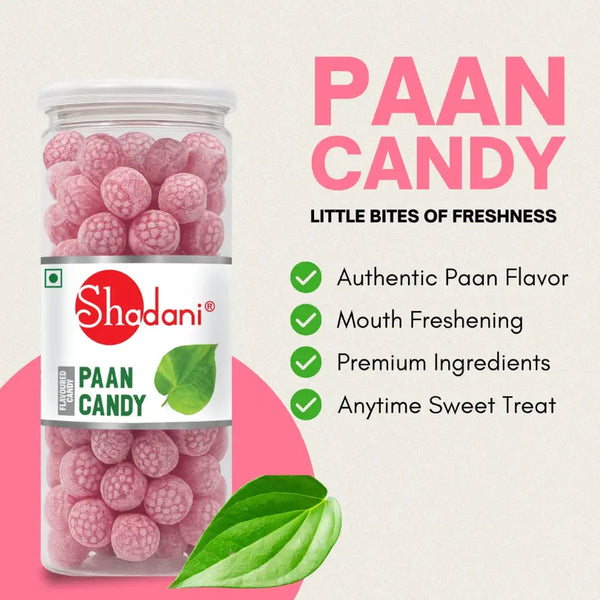 Shadani Paan Candy packaging with pink candy balls and green leaves on a light pink background.