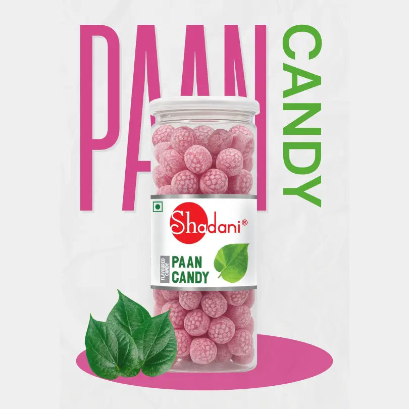 Shadani Paan Candy packaging with pink candy balls and green leaves on a white background