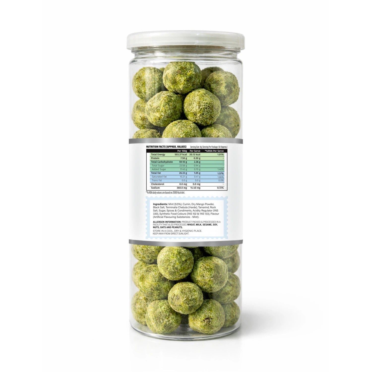 Jar of green spherical treats with a label on a white background