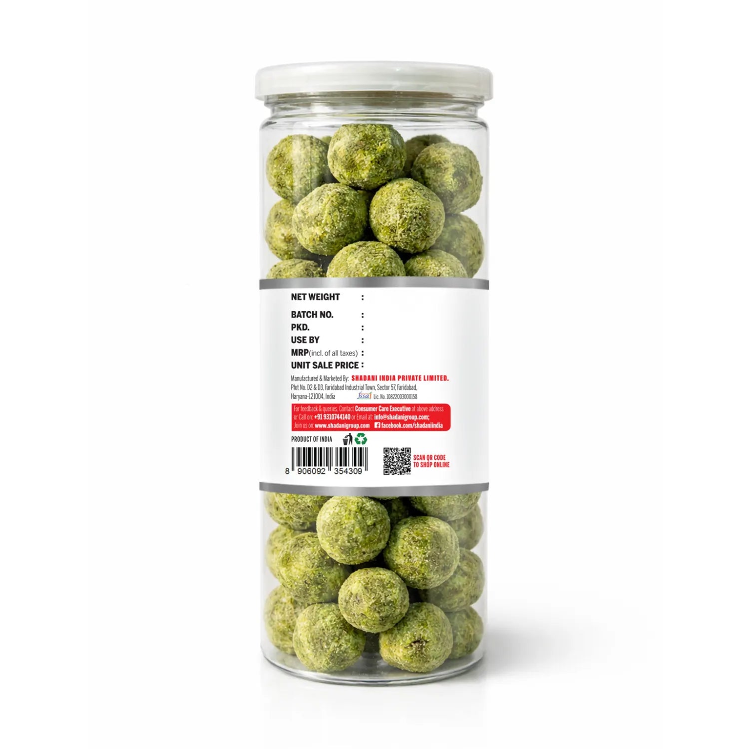 Jar of green spherical objects with a label on a white background, shadani Pani Puri short Back