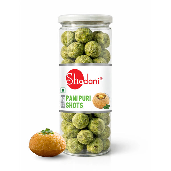 Jar of Shadani Pani Puri Shots with a white background