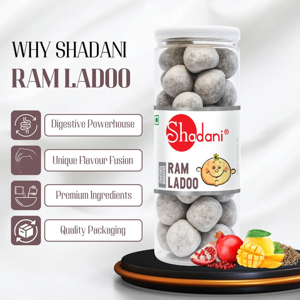 Shadani Ram Ladoo packaging with ingredients and benefits listed on a white background