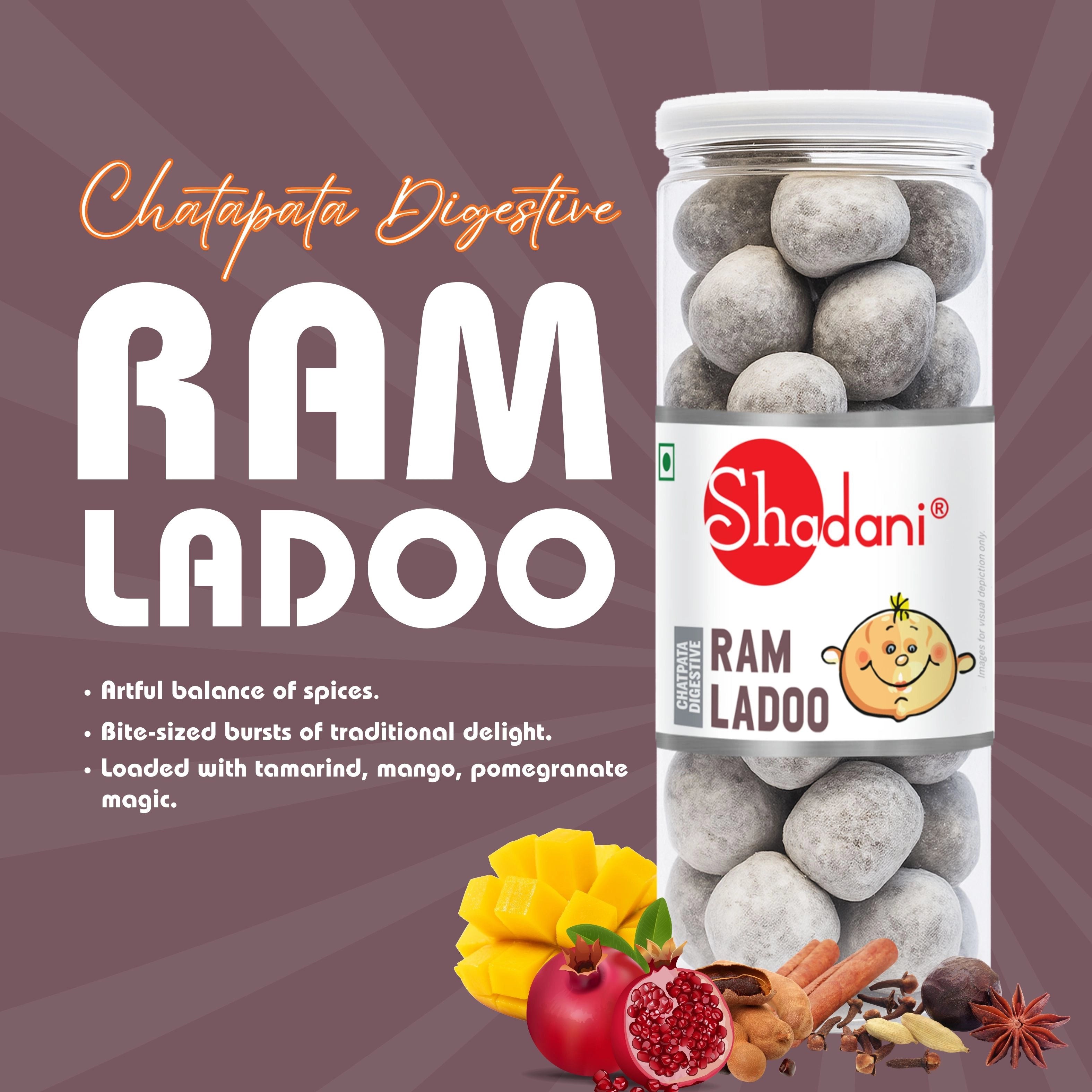 Shadani Ram Ladoo packaging with text and ingredients on a purple background