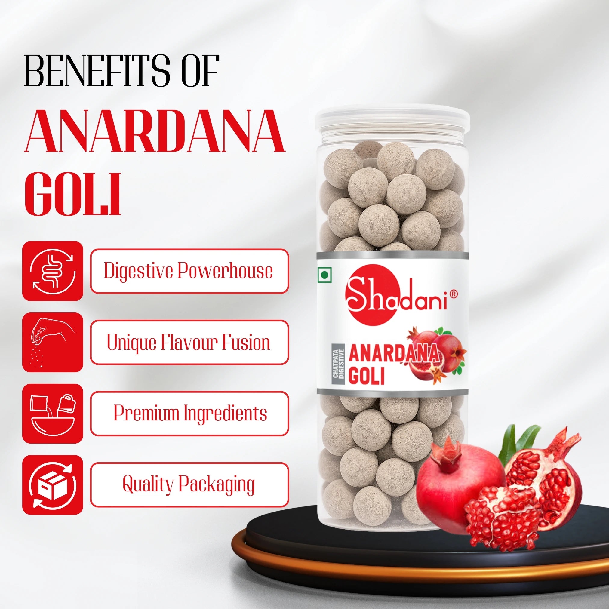 Shadani Anardana Goli packaging with benefits listed on a white background