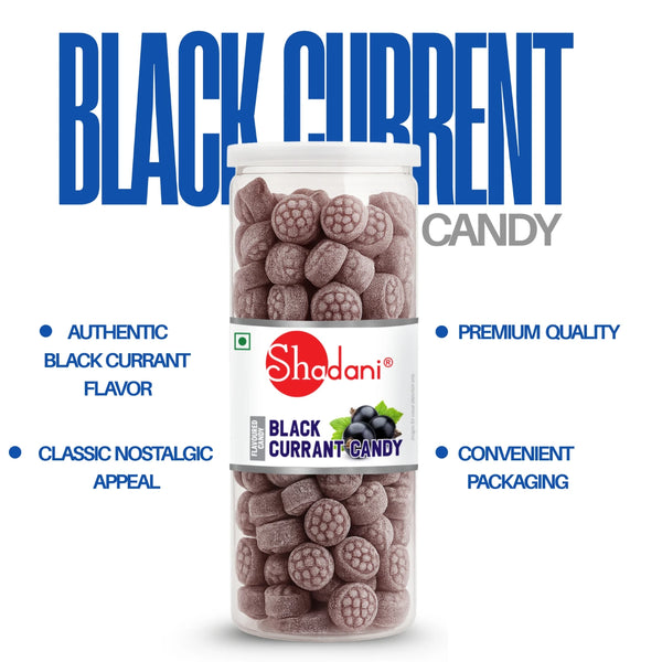 Shadani black currant candy packaging with product details on a white background