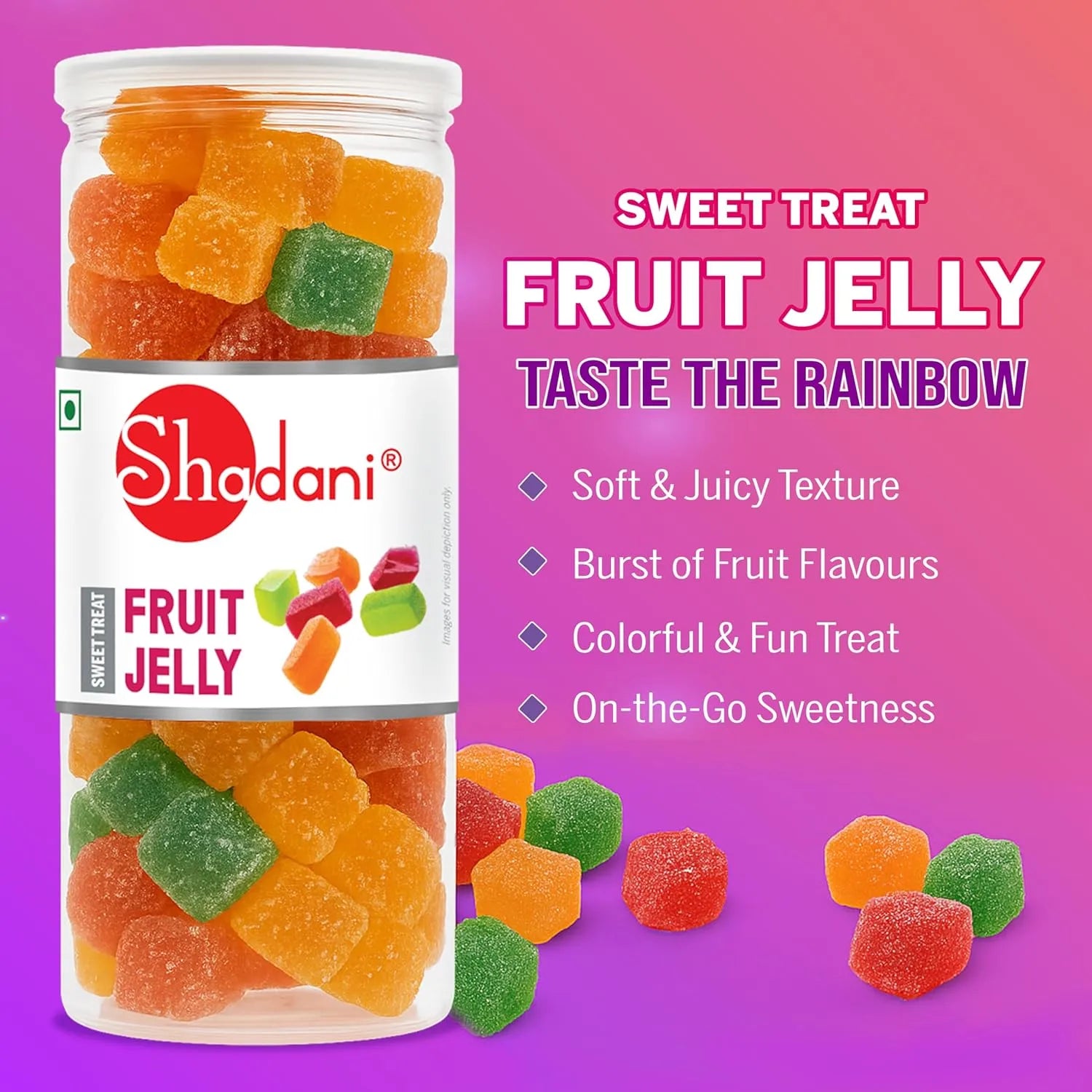 Shadani Fruit Jelly jar with colorful jelly cubes on a pink and purple gradient background