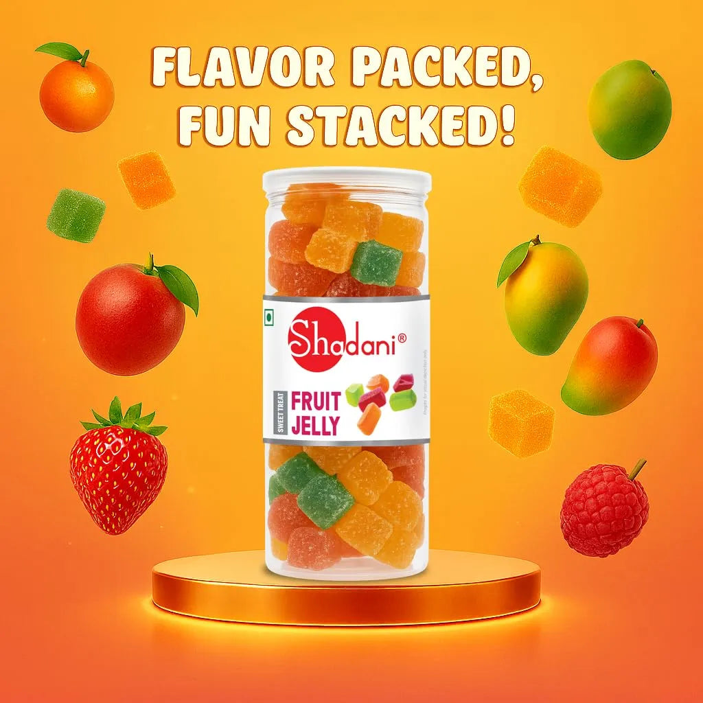 Shadani Fruit Jelly jar with colorful jelly cubes on an orange background