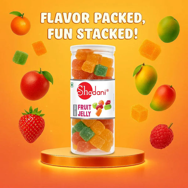 Shadani Fruit Jelly jar with colorful jelly cubes on an orange background