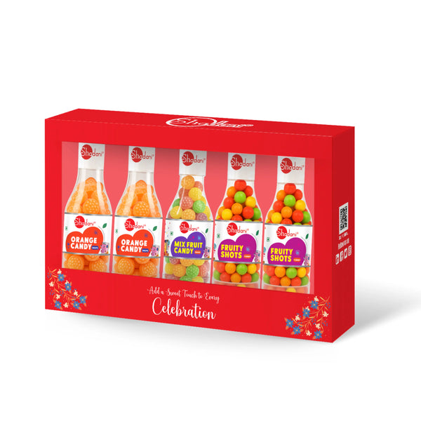 Red gift box with candy packaging on a white background