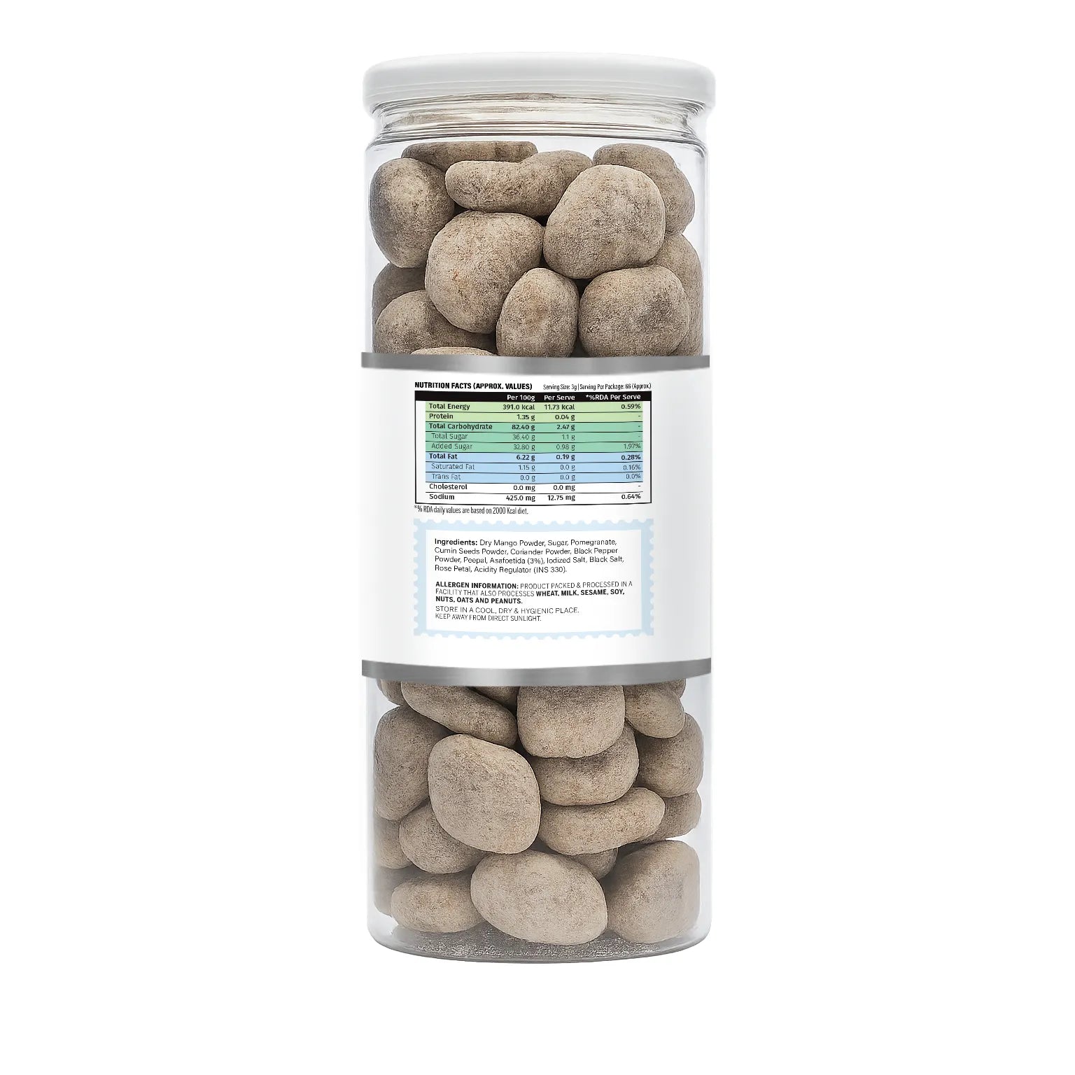 Can of round beige stones with a label on a white background