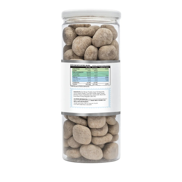 Can of round beige stones with a label on a white background