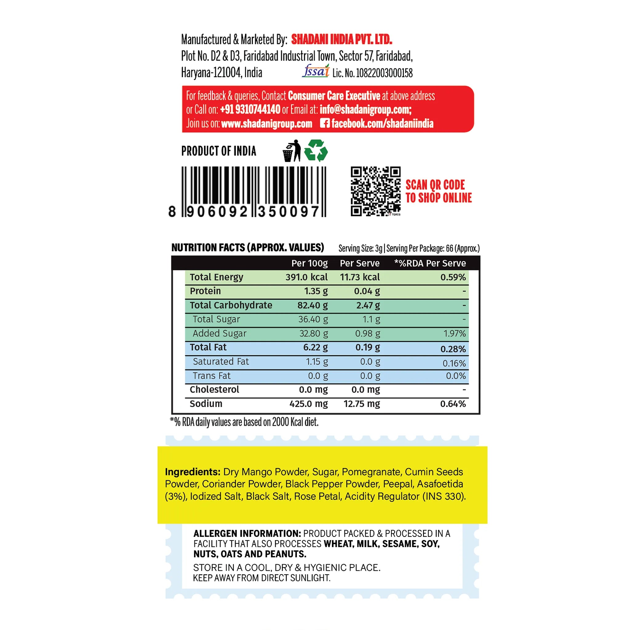Nutrition label and ingredient list on a food product packaging with branding details.