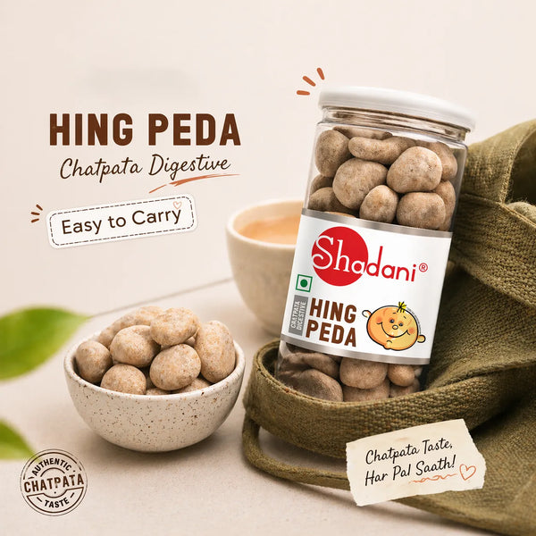 Shadani Hing Peda packaging with a jar and bowl on a neutral background