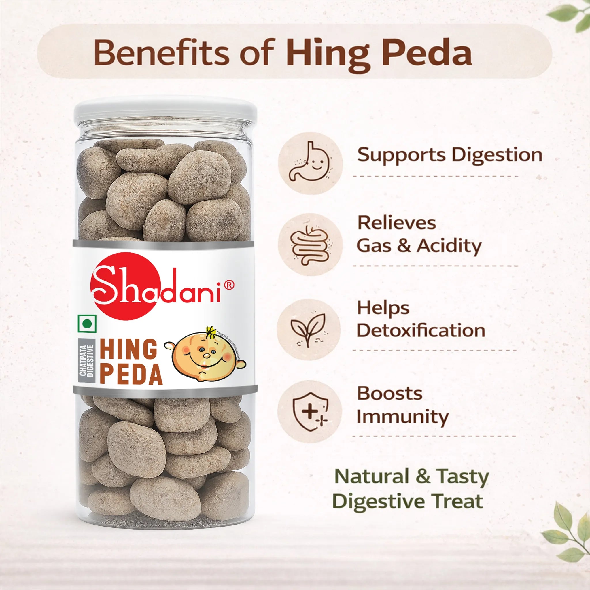 Shadani Hing Peda packaging with benefits listed on a white background
