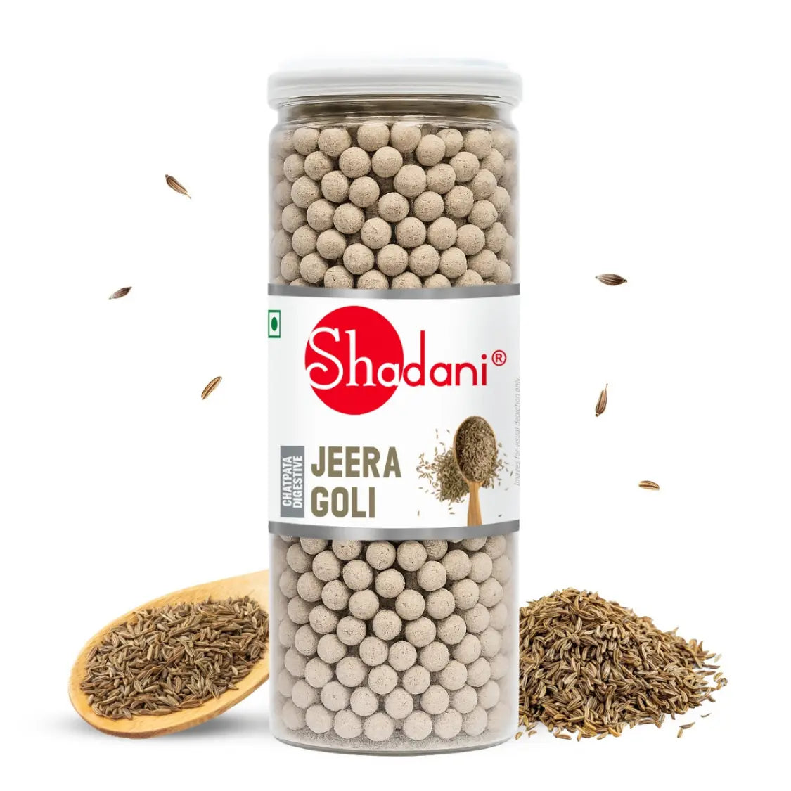 Shadani Jeera Goli container with fennel seeds on a white background