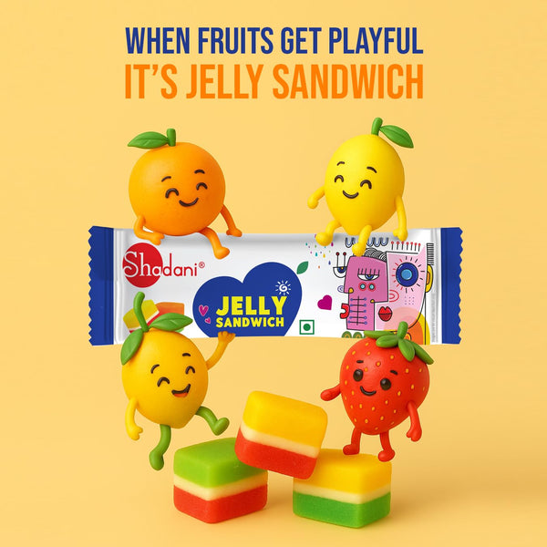 Shadani Jelly Sandwich packaging with cartoon fruits on a yellow background
