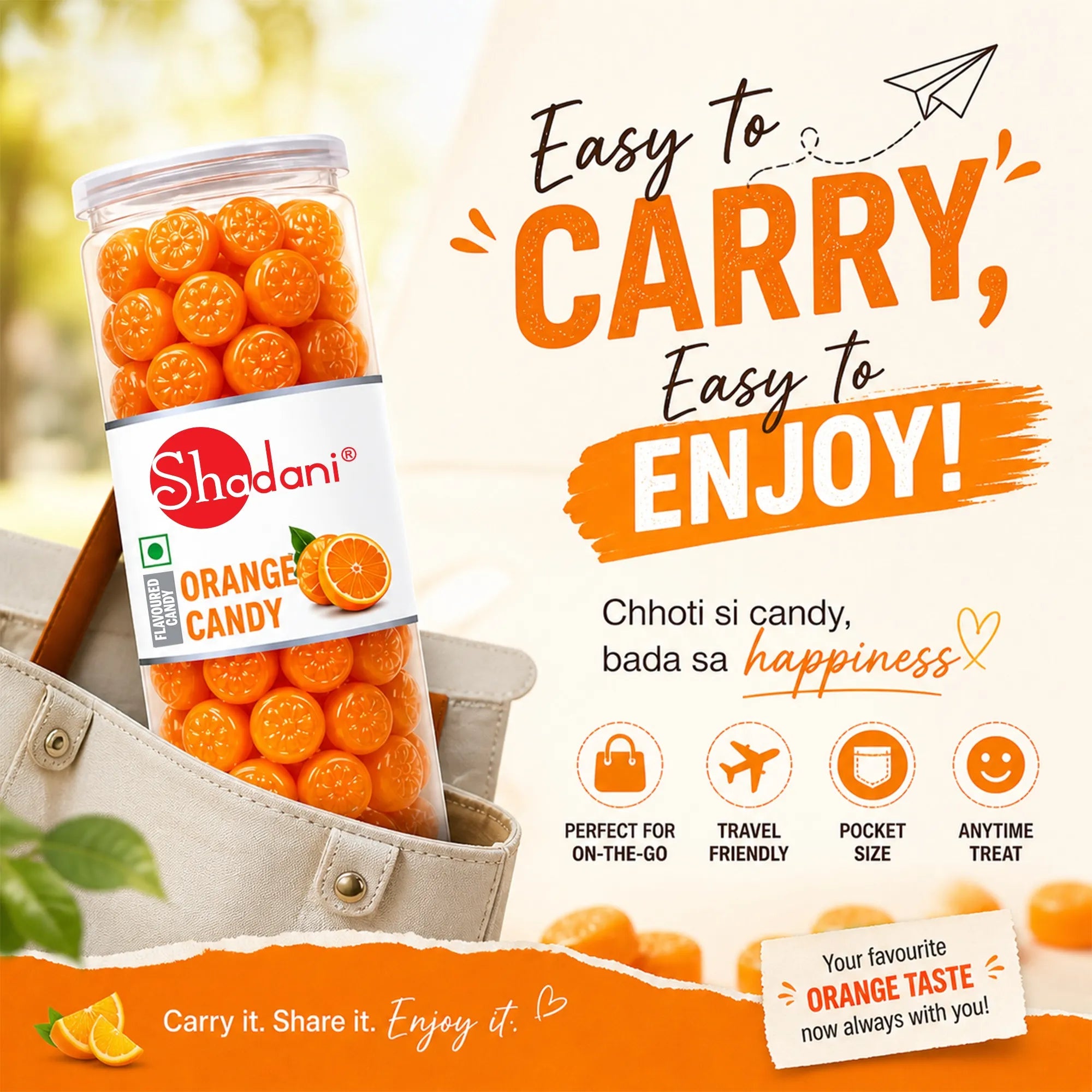 Shddani orange candy packaging with promotional text and graphics.