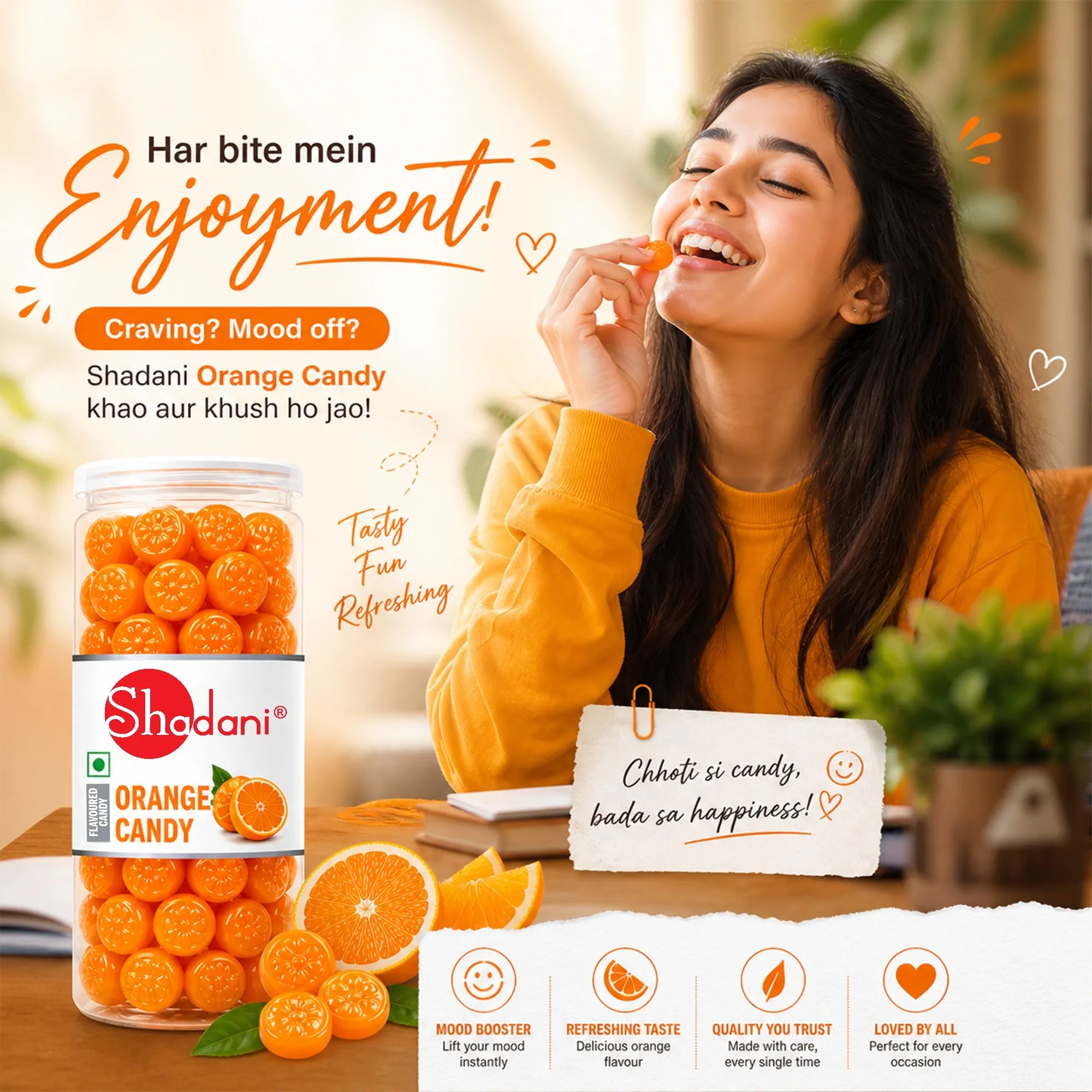 Woman enjoying Shadanil Orange Candy with product packaging and text on a blurred background