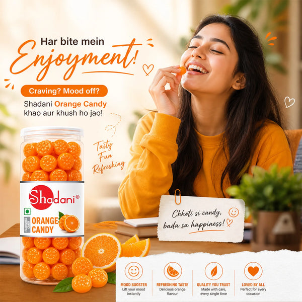 Woman enjoying Shadanil Orange Candy with product packaging and text on a blurred background