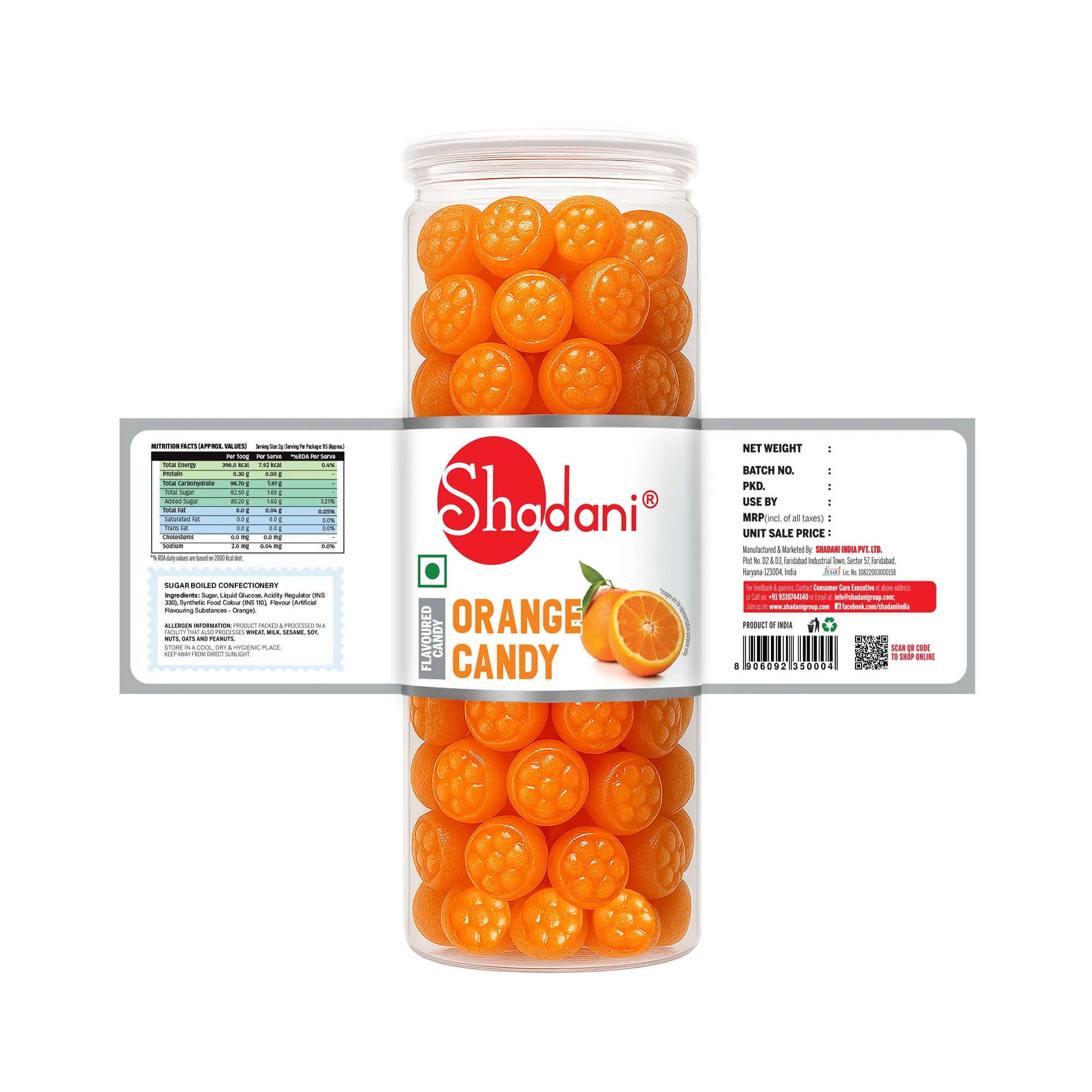 Can of orange candies with Shodani branding on a white background