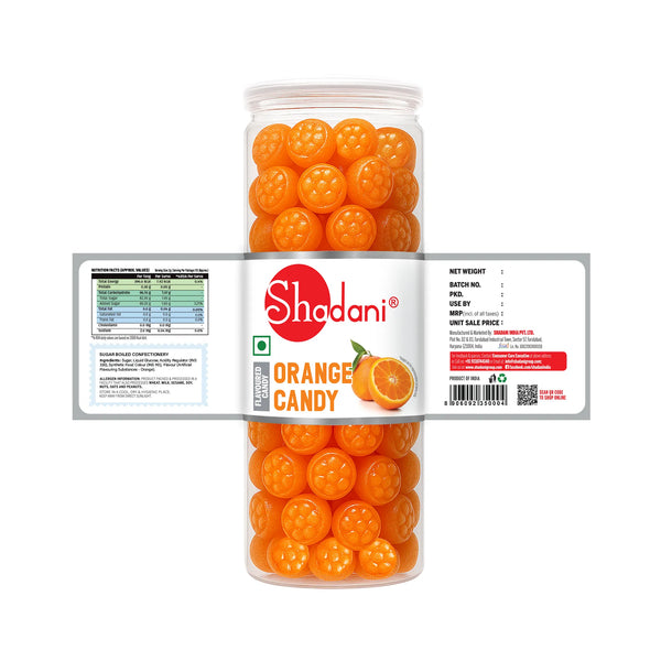 Can of orange candies with Shodani branding on a white background
