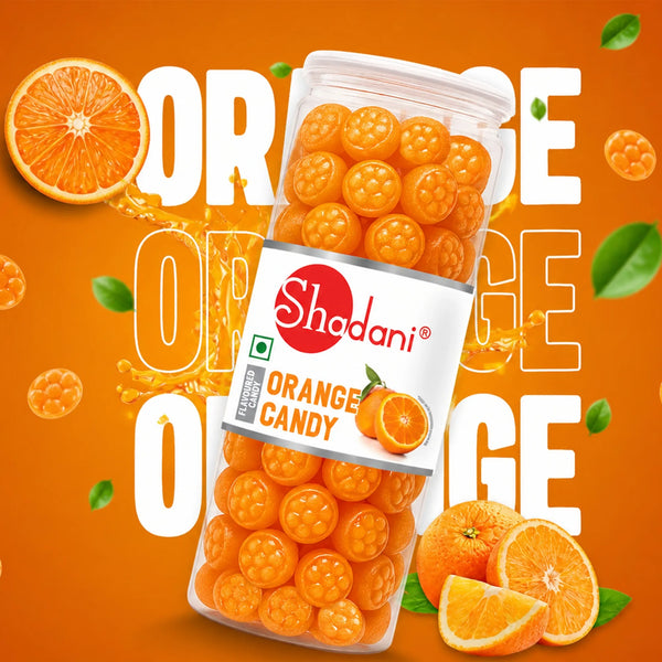 Shadani orange candy packaging with orange slices on an orange background