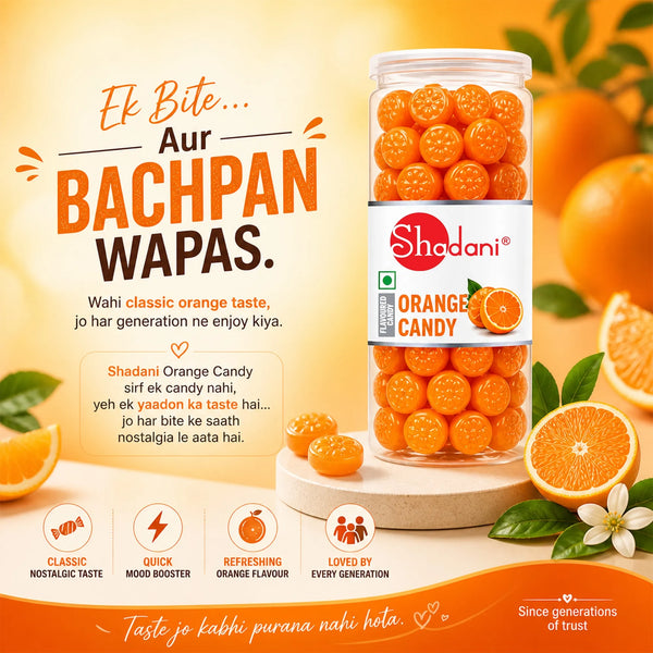 Shodani Orange Candy jar with oranges and text on a yellow background