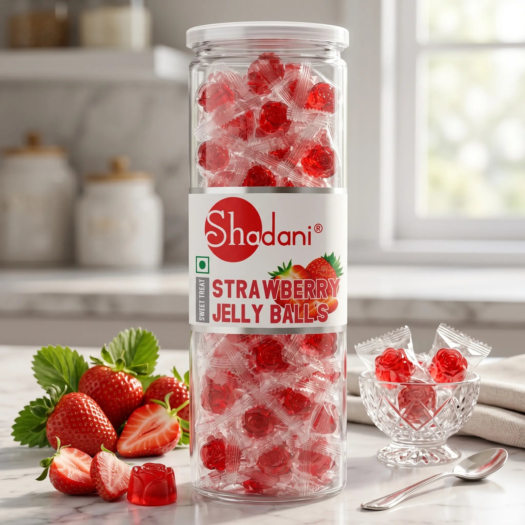 A tall clear jar of Shadani Strawberry Jelly Balls candy stands on a kitchen counter with fresh strawberries, a small glass dish, and a spoon nearby. The label reads Shadani and Strawberry Jelly Balls.