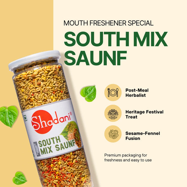 Shadani South Mix Saunf jar with product details on a beige background
