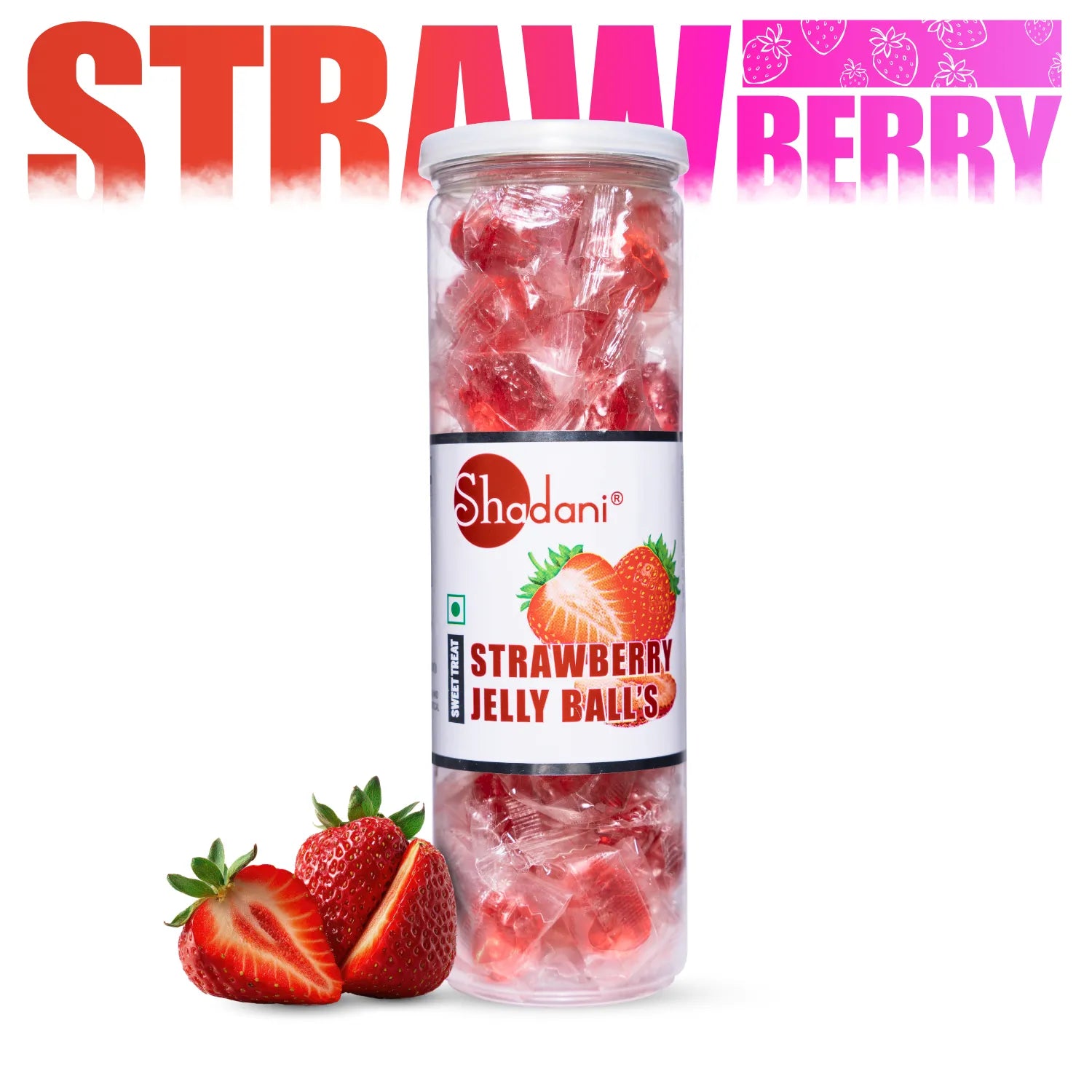 A clear plastic jar of Shadani Strawberry Jelly Balls candy, shown with three fresh sliced strawberries on the left and a large 'STRAWBERRY' graphic banner at the top, all on a white background.