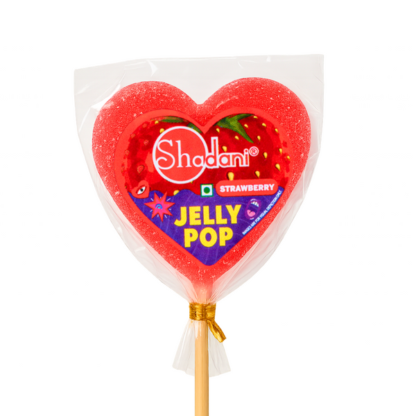 Heart-shaped Shadani jelly pop on a stick with strawberry flavor packaging.