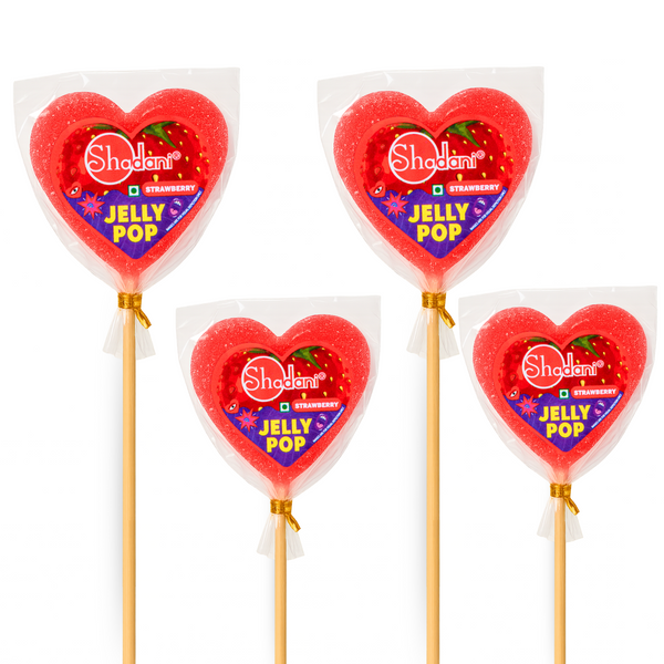 Four heart-shaped jelly pop lollipops on sticks with Shaden branding.