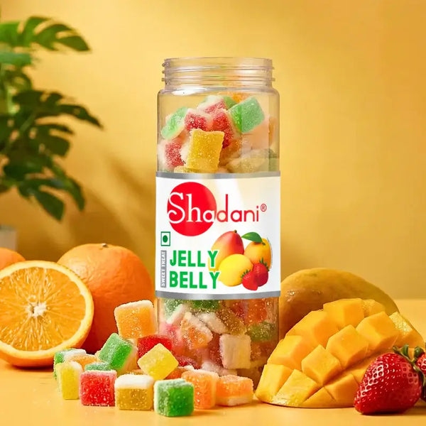 Shadani Jelly Belly gummy candies with fruits on a yellow background