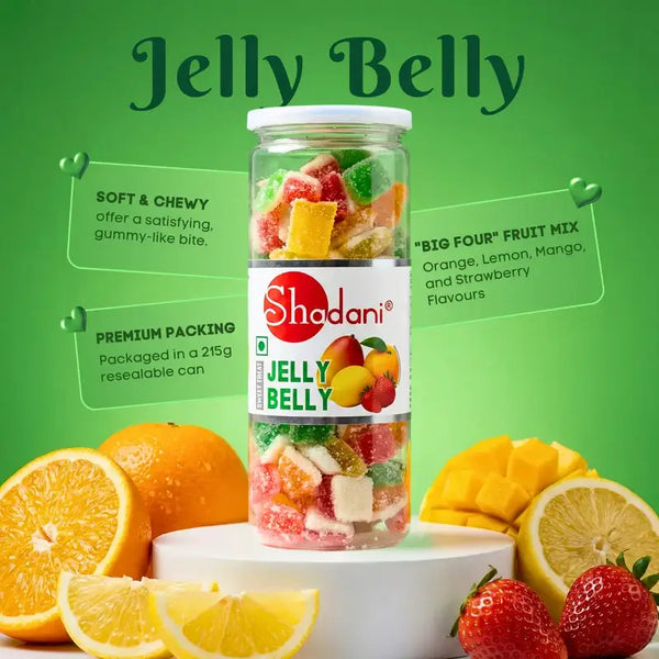 Shadani Jelly Belly fruit mix jar with fruits on a green background