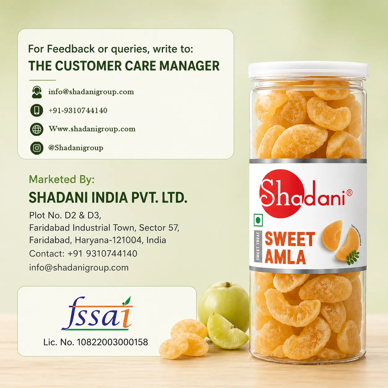 Can of Shadani Sweet Amla on a wooden surface with contact information displayed.