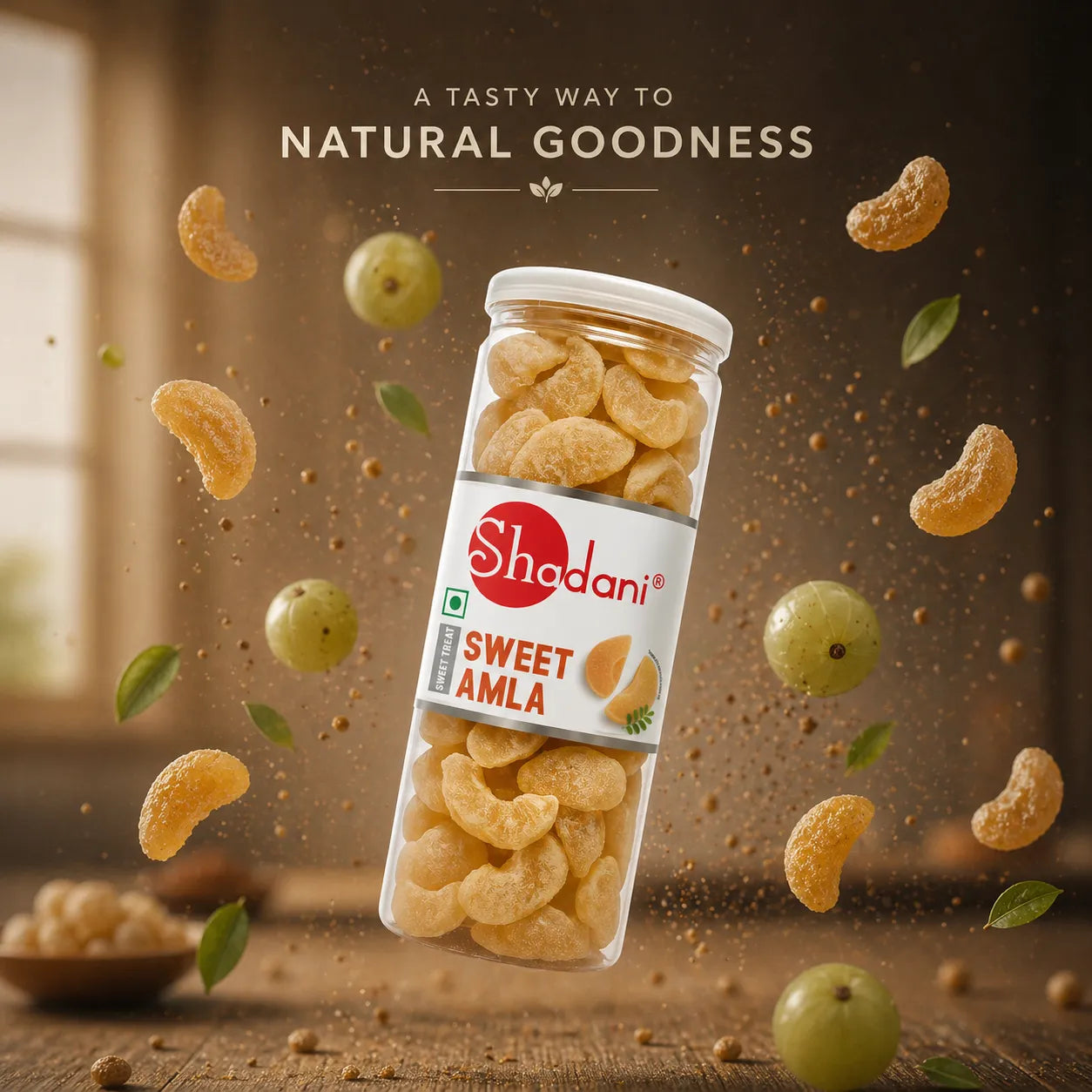Shadani Sweet Amla jar with flying amla fruits on a wooden background