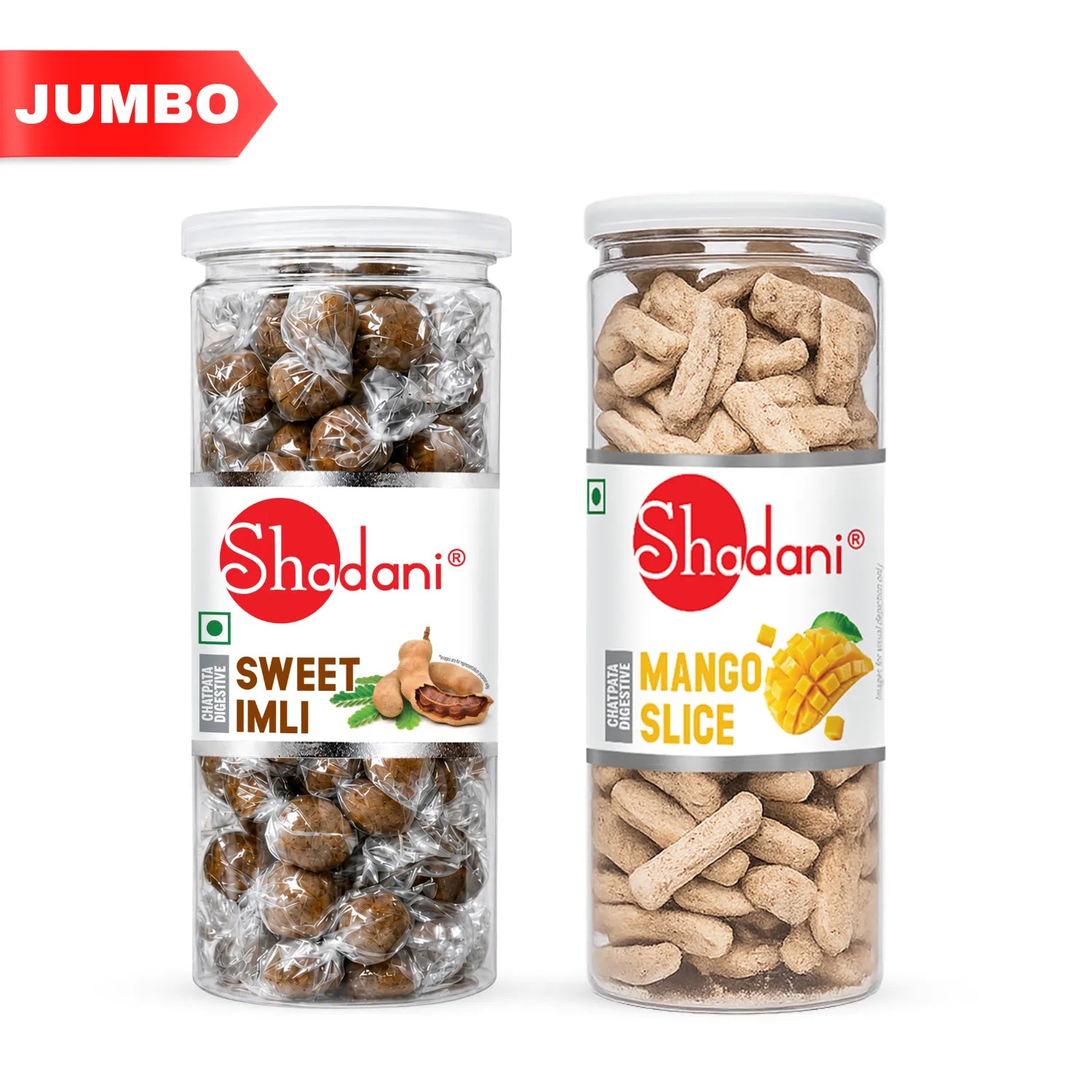 Two Shadani brand clear plastic jars of sweets and snacks on a white background, with a red 'JUMBO' banner in the top left. The left jar is labeled 'Sweet Imli' and contains brown wrapped sweets.
