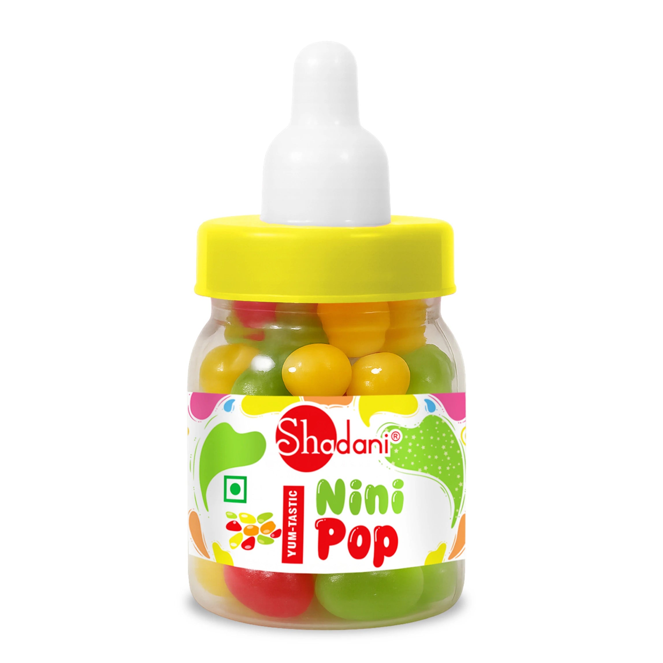 Jar of colorful candies with a Shodani label on a white background