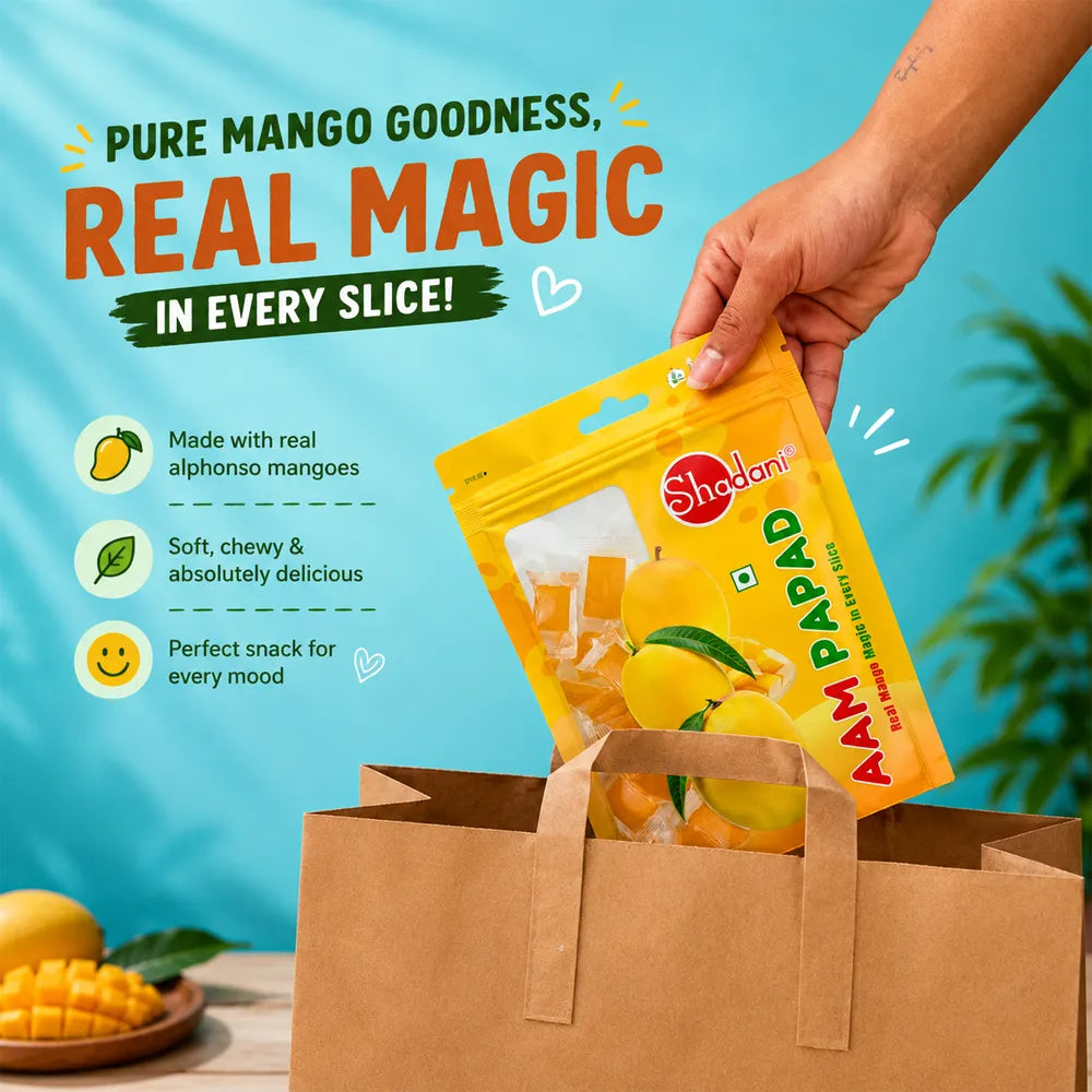 Pure Mango Goodness Real Magic in every slice In every shadani aam papad pouch image creative 